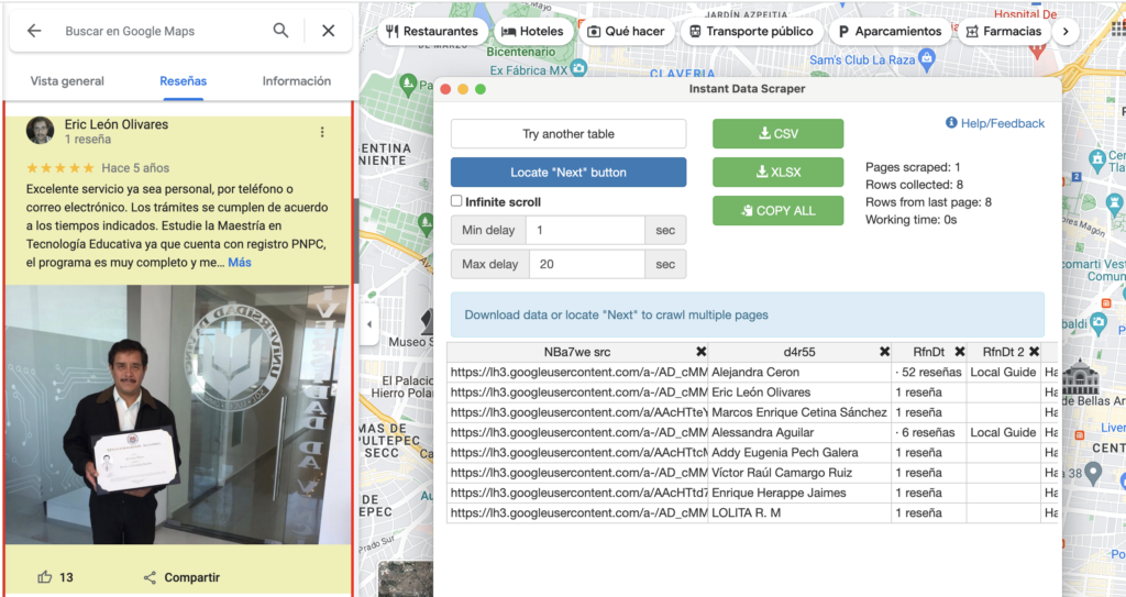 captura de la funcionalidad de instant Data Scraper