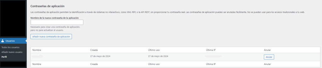 crear contraseña de aplicación en WordPress