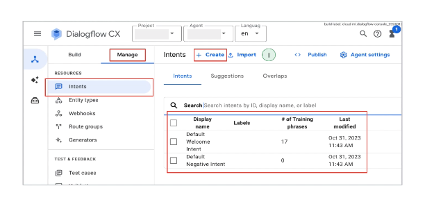 Adding an Intent in the DialogflowCX UI