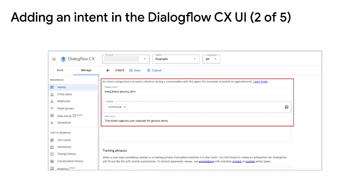 Adding an new Intent in the DialogflowCX UI