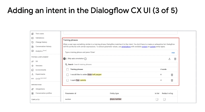 Adding training phrases Intent in the DialogflowCX UI