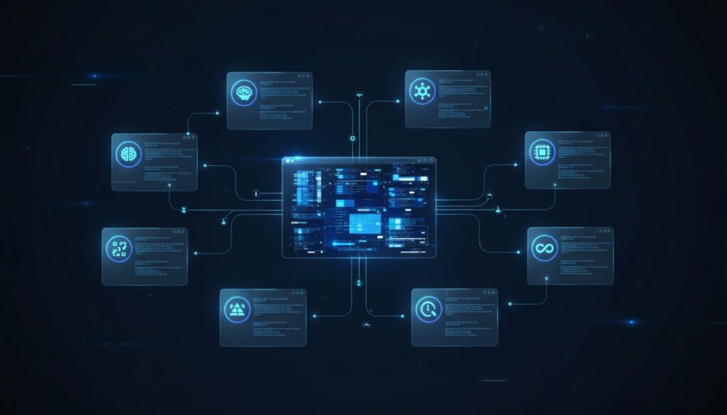 Diagrama de workflow con Claude Code: terminal central conectado a 9 agentes IA especializados mediante líneas de flujo