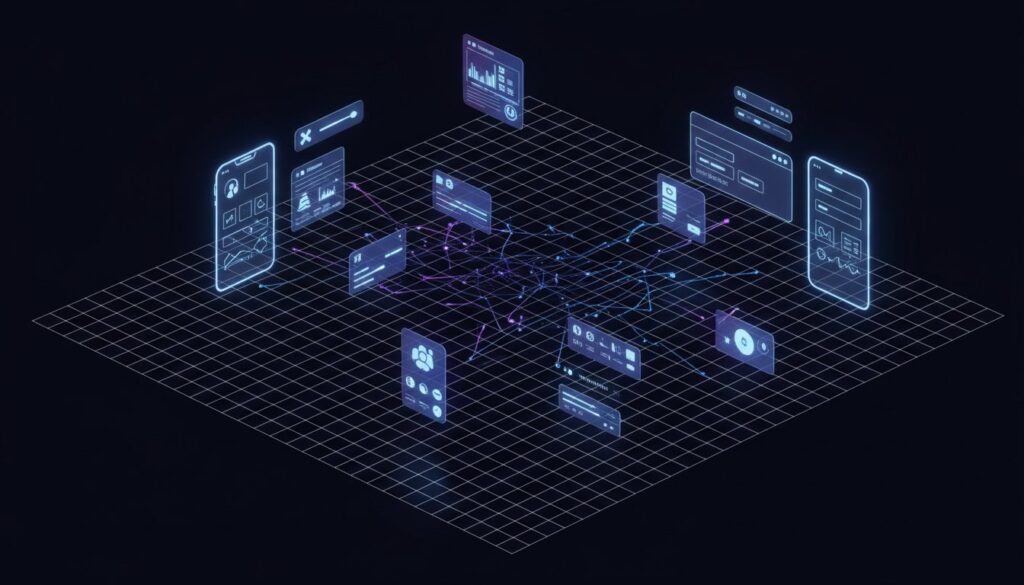 Canvas de diseño con IA de Google Stitch — interfaces de móvil y web flotando sobre una cuadrícula infinita con conexiones de red neuronal