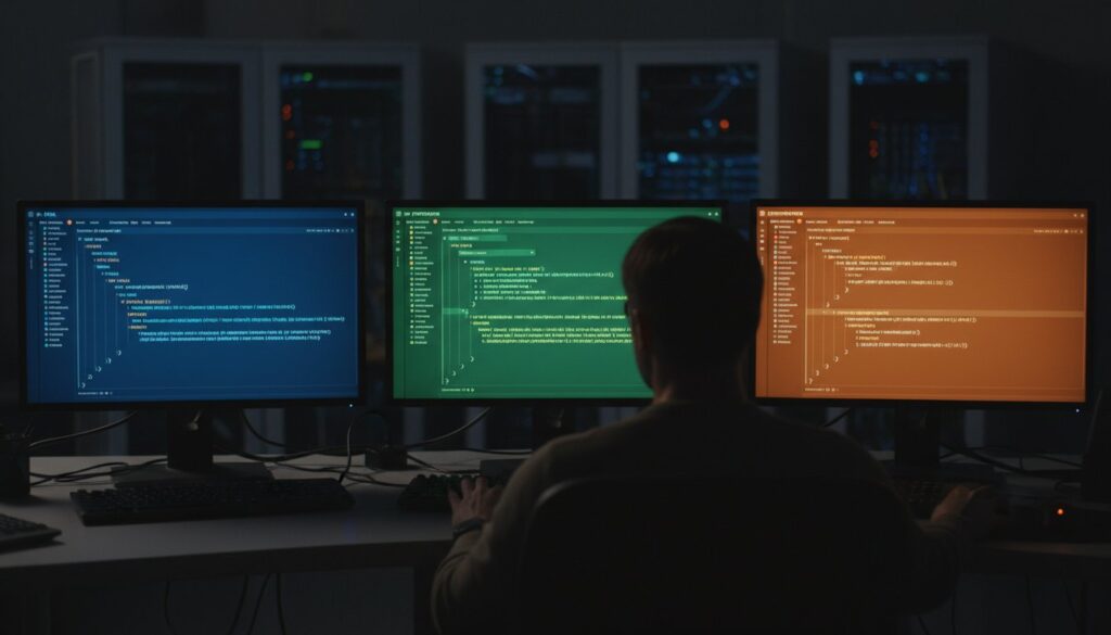 Tres editores de código en paralelo mostrando prompts para Claude (XML), GPT (Markdown) y Gemini (JSON)