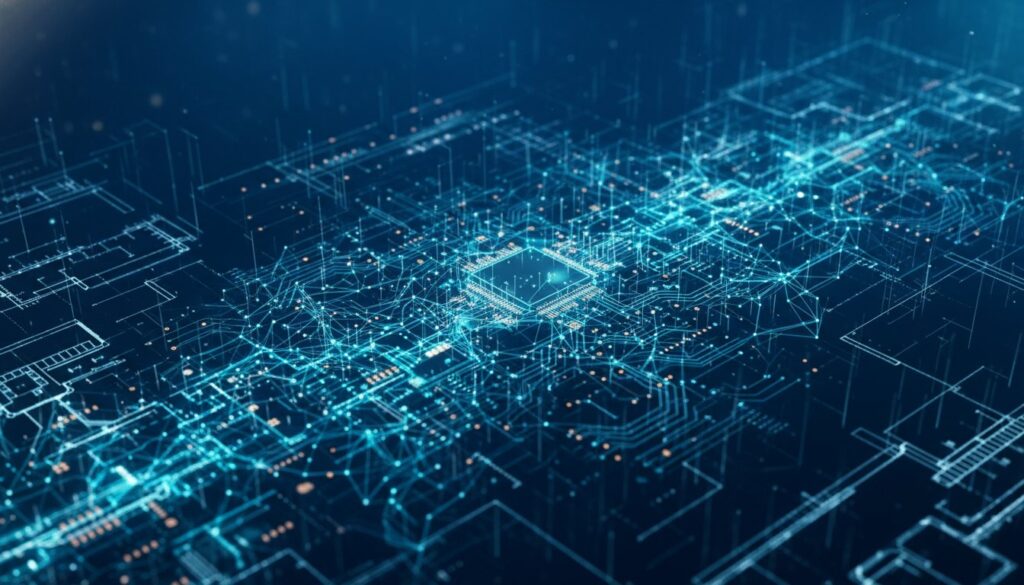 Ilustración abstracta de La Gran Integración de IA en infraestructura — red neuronal fusionada con planos de circuitos
