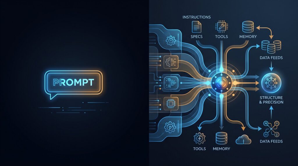 Diagrama comparativo entre prompt engineering (instrucción aislada) y context engineering (sistema de información multi-capa que converge en un LLM)