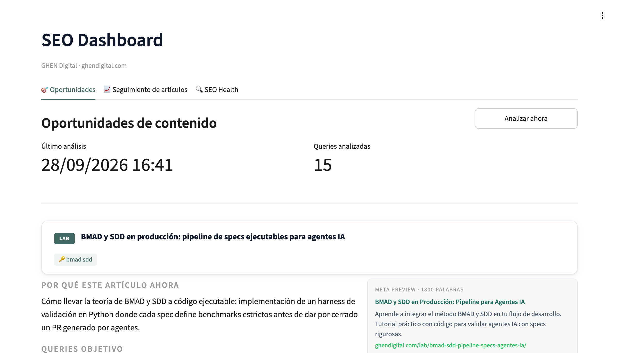 Tab Oportunidades del SEO Dashboard GHEN Digital — cards con oportunidades de contenido identificadas por Gemini