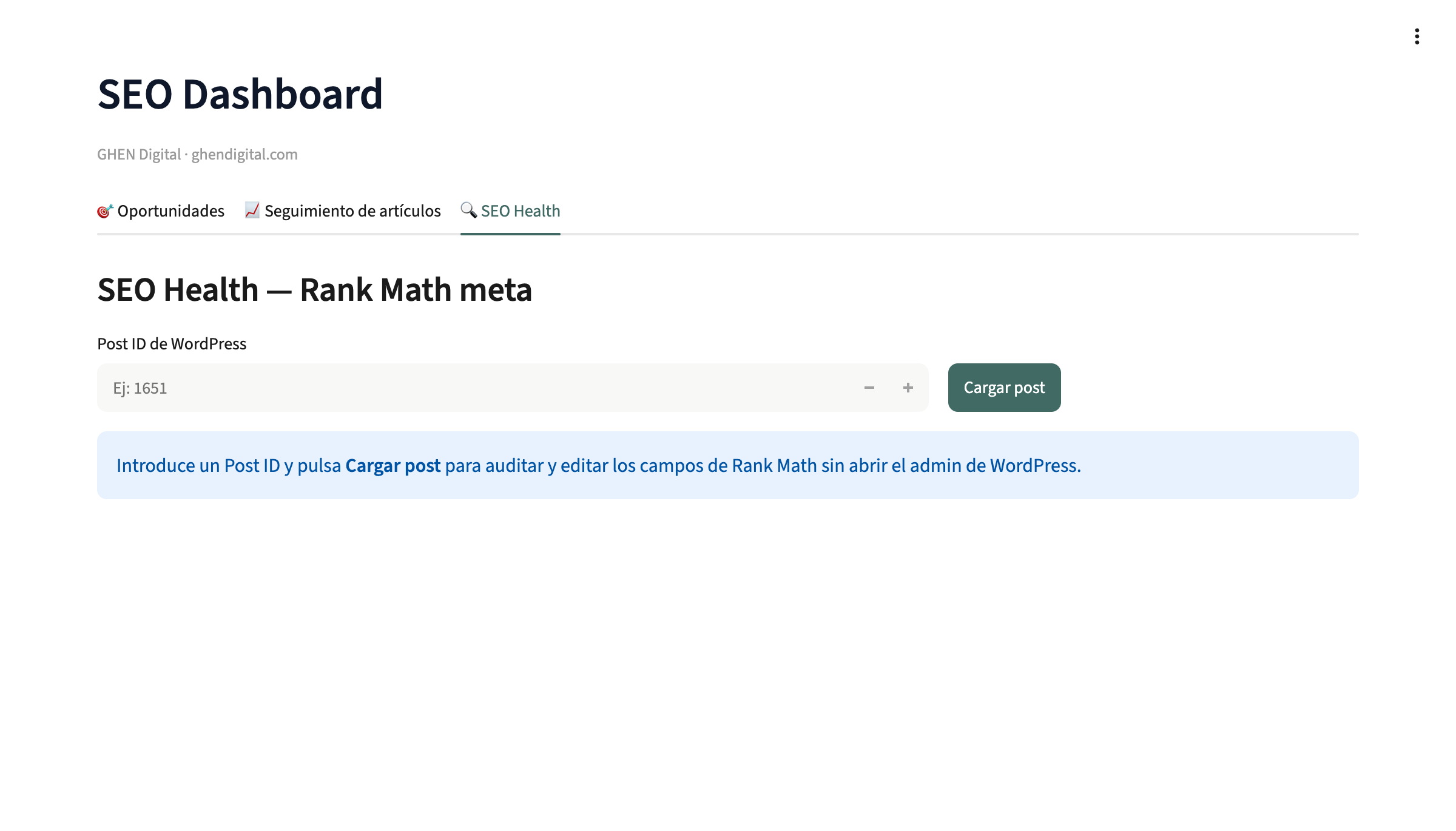 Tab SEO Health del SEO Dashboard — formulario para auditar y editar meta Rank Math sin abrir WP Admin